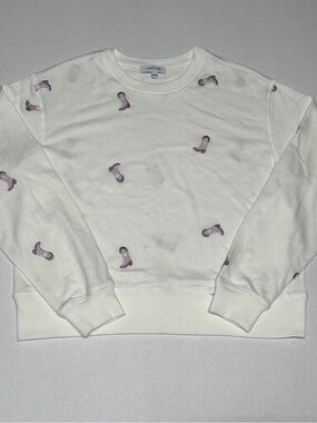mySTYLE Women's White Crewneck Sweater with Lavender Embroidered Cowboy Boots